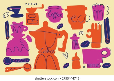 coffee accesories on beige background