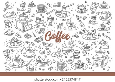 Coffee accessories and beans for delicious, invigorating breakfast. Set with coffee makers for making americano or cappuccino and desserts for coffeeshop menu design. Hand drawn doodle