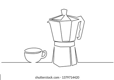 Coffee accessories continuous one line drawing. Italian coffee geyser pot, cup hand drawn illustration. Traditional, vintage coffeemaker, barista tools, equipment minimalistic contour sketch