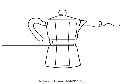 Coffee accessories continuous one line drawing. Italian coffee geyser pot, cup hand drawn illustration. Traditional, vintage coffeemaker, barista tools, equipment minimalistic contour sketch