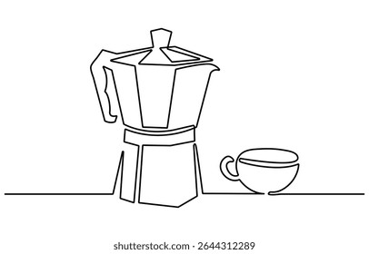 Coffee accessories continuous one line drawing. Italian coffee geyser pot, cup hand drawn illustration. Traditional, vintage coffeemaker, barista tools, equipment minimalistic contour sketch