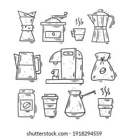 Coffee accessories and devices - Hand drawn set, vector illustration isolated - Coffee maker, pot, cup, coffee grinder - For menu, flyer, brochure