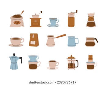 Coffee accessories icon set. Vector illustration. Coffee beans, cup, french press, geyser, drip, cezve, grinder, filter 