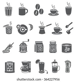 Coffee and Accessories. Set of Black Icons. Set of black icons with coffee and equipment.