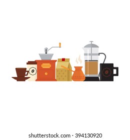 Accesorios Para Café Set Con Diseño De Vector Plano De Estilo Horizontalmente Primitivo