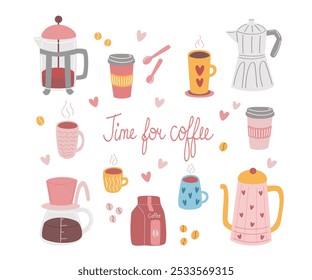 Coffee accessories set, kettle, teapot, coffee maker, cups, paper cup, coffee beans, pack. Flat vector 