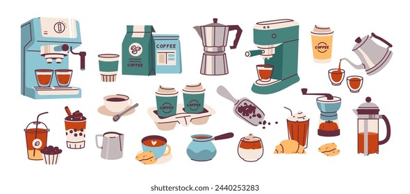 Juego de accesorios de café, máquina de café, taza de café, cezve, hervidor, tetera, tazas de papel. Ilustración vectorial plana en estilo minimalista sobre fondo blanco
