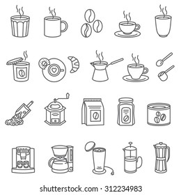 Coffee and Accessories. Set of Outline Icons.
Set of black line icons with coffee and equipment.