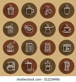 Coffee and Accessories. Set of Outline Icons in circles with long shadows.
Set of line icons with coffee and equipment.