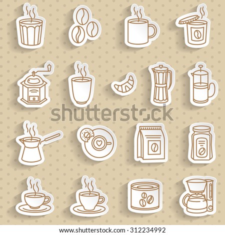 Coffee and Accessories. Set of Paper stickers with transparent shadow.
Seamless retro background.
