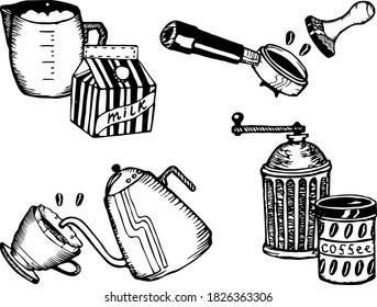 Coffee accessories set. 
Pitcher and milk, coffee filter and kettle, holder and tamper, coffee can and coffee grinder. Black line, white fill. Vector doodle illustration. Hand drawing.