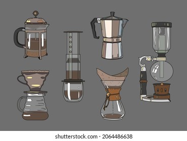 Coffee accessories set. Coffee tools icons. French press, aeropress, mocha, siphon, chemex vector illustrations.