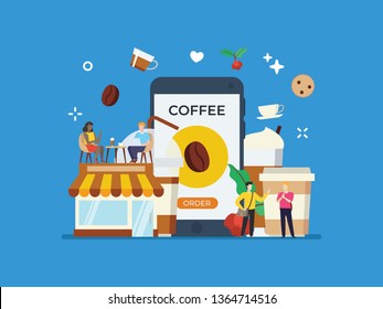 Coffee addict, cafe, coffee lover with tiny people illustration. Suitable for hero image, poster, and wall mural in cafe.