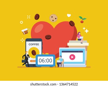 Coffee addict, cafe, coffee lover with tiny people illustration. Suitable for hero image, poster, and wall mural in cafe.