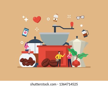 Coffee addict, cafe, coffee lover with tiny people illustration. Suitable for hero image, poster, and wall mural in cafe.