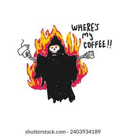 A coffee addict grim reaper vector illustration for for fabric, textile and print