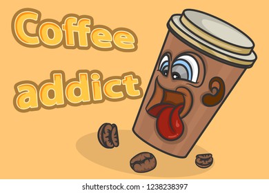 Coffee addict vector cartoon cup coffee scene food and drink backgrounds