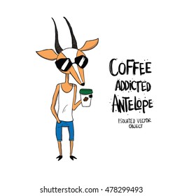 Coffee addicted antilope. Original hand drawn cartoon character. Isolated on white.