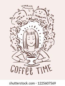 Coffee addiction cartoon print illustration. Girl drinking cup of coffe and forget about stress