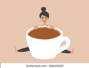 Coffee addiction concept. Cute woman behind a big coffee cup smiling. Isolated on brown background, black and white colors.