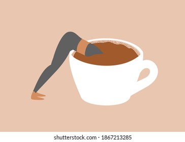 Coffee addiction concept. Woman with head in a big coffee mug, drowning in caffeine. 