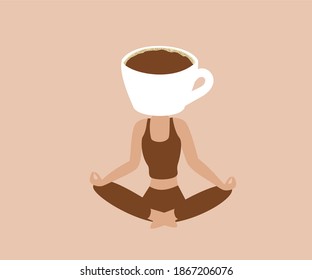Coffee addiction concept. Woman in lotus flower yoga pose with coffee mug instead of head. 
