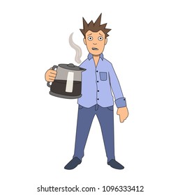 Coffee addiction. Edgy guy clutching onto big coffee pot. Vector illustration. Isolated on white background.