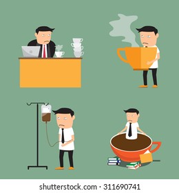 coffee addiction elements. businessman need more coffee, vector illustration.