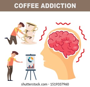 Coffee addiction elements Infographic healthcare Template Design. health concept. businessman need more coffee.  businessman addicted to coffee. vector flat icons cartoon design eps10 illustration.