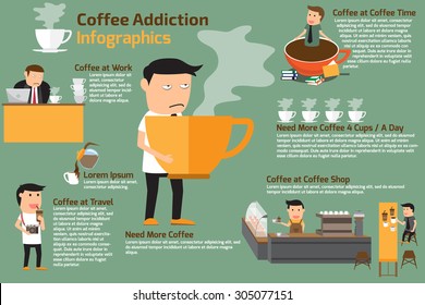 coffee addiction elements infographics. business man need more coffee, vector illustration.