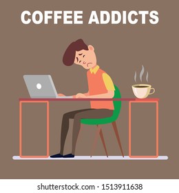 Coffee Addicts Infographic businessman drink coffee Template Design. health concept. businessman need more coffee vector flat icons cartoon design eps10 illustration.