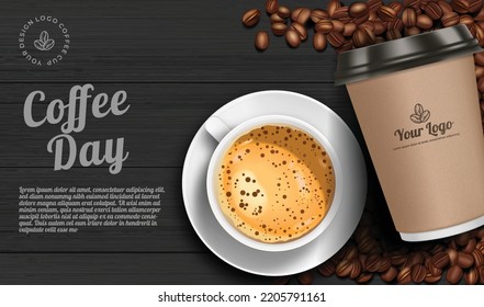 Coffee ads retro style template with coffee take away,coffee cup and coffee beans in top wooden table realistic 3d illustration.