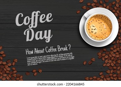 Coffee ads top view black wooden table with coffee cup and coffee beans realistic 3d illustration retro style.
