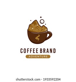 Coffee adventure logo with mountain illustration inside cup of coffee cafe
