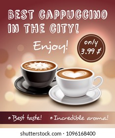 Coffee advertisement art poster with offer of best cappuccino in city at lowest price realistic vector illustration