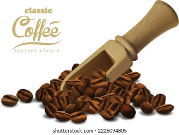 Coffee advertisement with scattered coffee bean and wooden scoop on a white background.  High detailed realistic illustration.