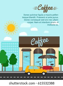 Coffee advertising banner with shop building and landscape, vector illustration