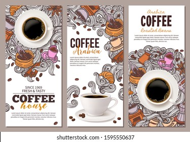 Coffee advertising banners design set with coffee cup and hand drawn doodle beans, croissant, mug of beverage and swirls in steam. Horizontal templates with mixing realistic and cartoon sketch styles