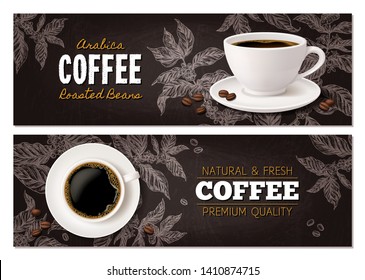 Coffee advertising concept with cup of beverage on blackboard with drawing of coffee tree branches. Vector design of horizontal banners with realistic mug and sketch hand drawn plant