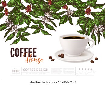 Coffee advertising concept with cup of beverage on white background with drawing of coffee tree branches. Vector poster design with 3d realistic mug and sketch hand drawn plant. Mixed styles