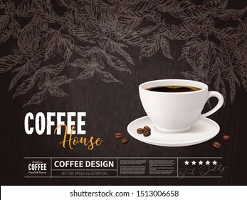 Coffee advertising concept with cup of beverage on chalkboard with drawing of coffee tree branches. Vector poster design with realistic mug and sketch hand drawn plant