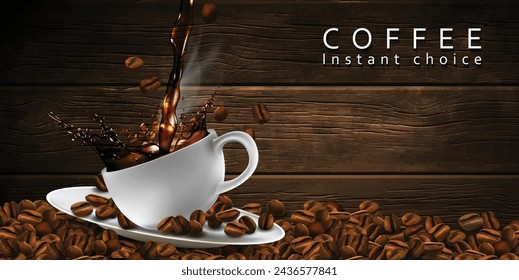 Coffee  advertising design. Coffee beans, cup of coffee with a splash effect  and a transparent smoke. 3D vector. High detailed realistic illustration