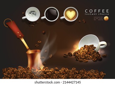 Coffee advertising design. Coffee beans,  cups of coffee and coffee pot. Transparency effect. 3В vector. High detailed realistic illustration.