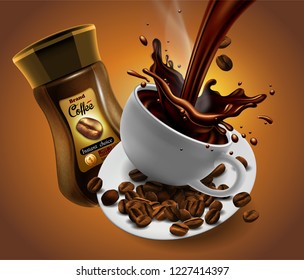 Coffee  advertising design  with  splash elements,  high detailed realistic transparent  illustration.