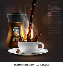 coffee advertising design  with coffee splash elements, high detailed realistic illustration