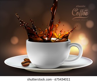 coffee advertising design  with coffee splash elements,  high detailed realistic illustration