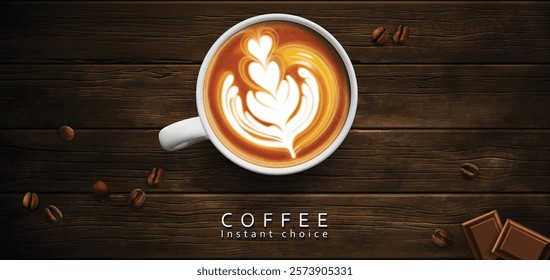 Coffee advertising design. White porcelain cup with coffee latte on a wooden table. High detailed realistic illustration.