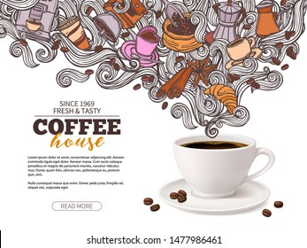 Coffee advertising poster design with 3d coffee cup and hand drawn doodle beans, croissant, mug of beverage and swirls in steam. Illustration with mixing realistic and cartoon sketch styles