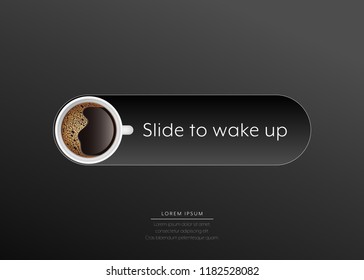 Coffee advertising slide button to wake up vector illustration.