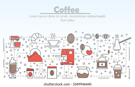 Coffee advertising vector illustration. Modern thin line art flat style design element with coffee drink symbols, icons for website banners and printed materials.